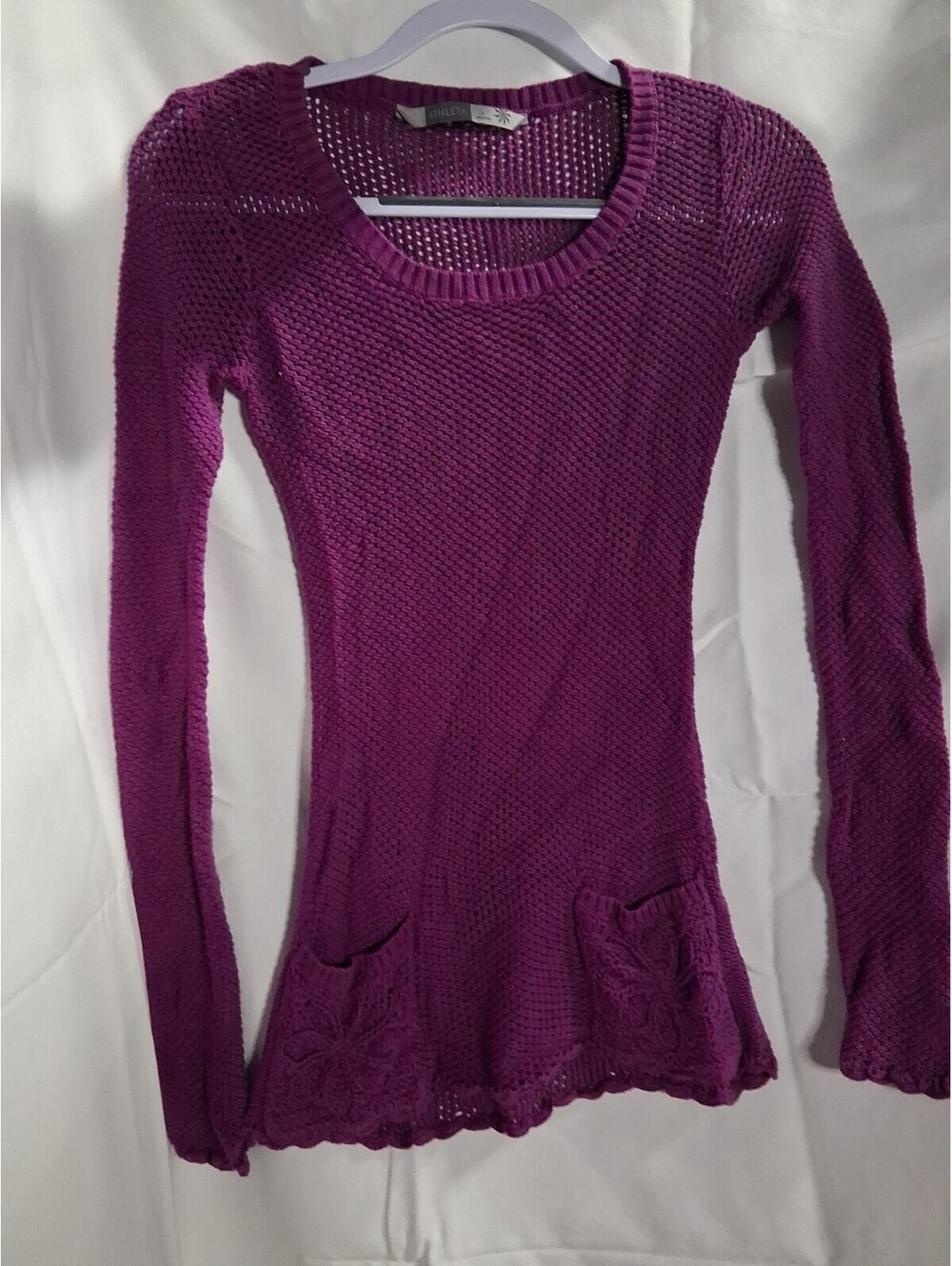 Athleta 100% Cotton Purple Mesh Crochet Knit Stretch Fishnet Top Small 02